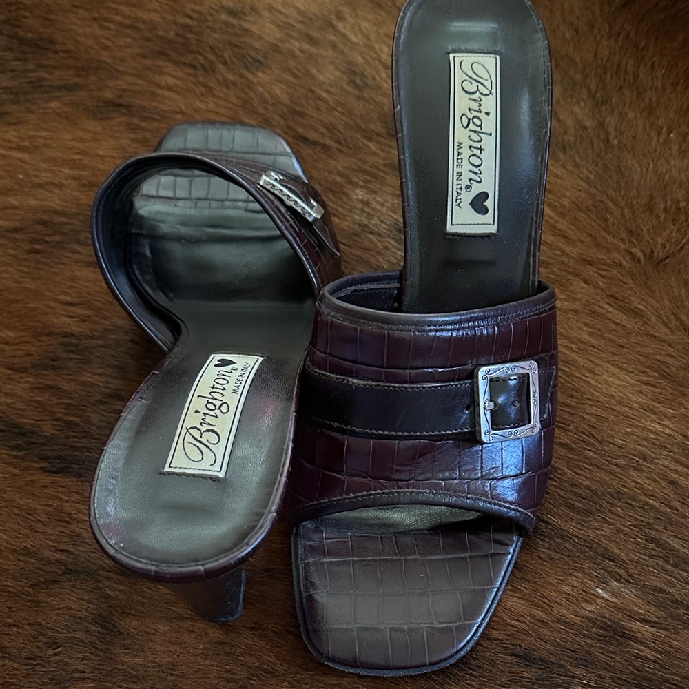 Brighton Croc-Embossed Brown Slide Mules with Silver Buckle